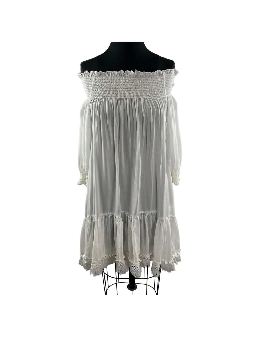 THAYER White Shift Dress Model Smocked Off the Shoulder 3/4 Sleeve Size XS